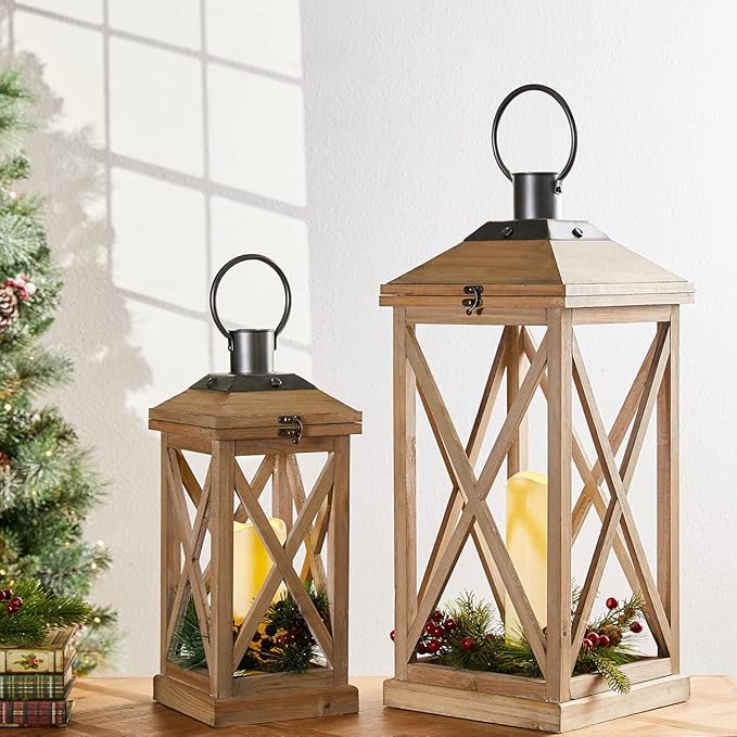 Glitzhome Mondern Farmhouse Wood Metal Lanterns Decorative Hanging Candle Lanterns Set of 2, Natural (No Glass)-Ruum Studio Home