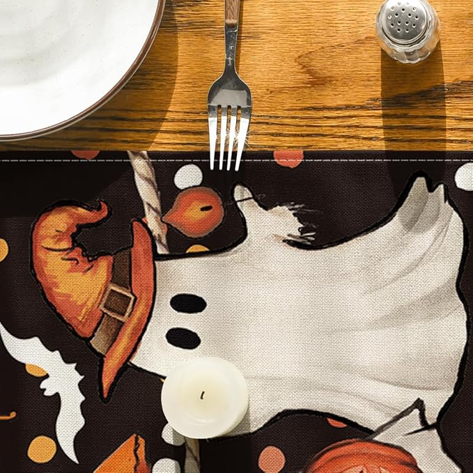 Artoid Mode Ghost Jack-O'-Lantern Black Cat Halloween Table Runner,Holiday Kitchen Dining Table Decoration for Home Party Decor 13 x 108 Inch-Ruum Studio Home