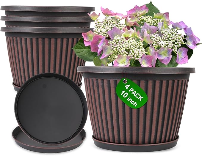 10 Inch Planter-Pots-for-Plants-Indoor-Outdoor, 4 Pack Plastic Flower Pots with Saucer & Drainage Holes, Modern Decorative Resin Garden Pots-Ruum Studio Home