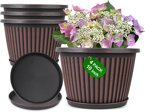 10 Inch Planter-Pots-for-Plants-Indoor-Outdoor, 4 Pack Plastic Flower Pots with Saucer & Drainage Holes, Modern Decorative Resin Garden Pots-Ruum Studio Home