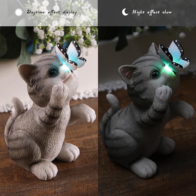 Cat Garden Statue Outdoor Solar Decorations Butterfly Light Figurine Color Changing LED Lights Resin Sculpture Art Decor Patio Lawn Yard Housewarming Gifts for Women Grandma Mom-Ruum Studio Home