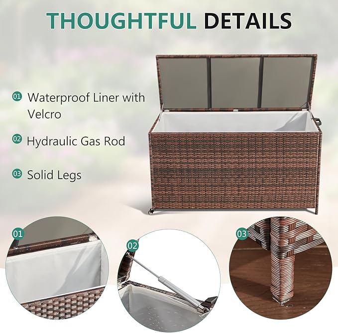 HOMREST Large Deck Box, Outdoor Wicker Storage Container with 70 Gallon, Patio Rattan Furniture for Garden Tools, Pillows, Pool, Brown-Ruum Studio Home