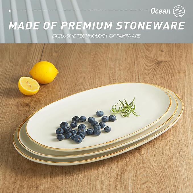 famiware Serving Platter, Oval 15.59/14.3/12.9inch Serving Dishes for Entertaining, Serving Bowls, Microwave Safe, Stoneware Serving Trays for Party, Food, Turkey, Cheese, Ocean Series, Vanilla White-Ruum Studio Home