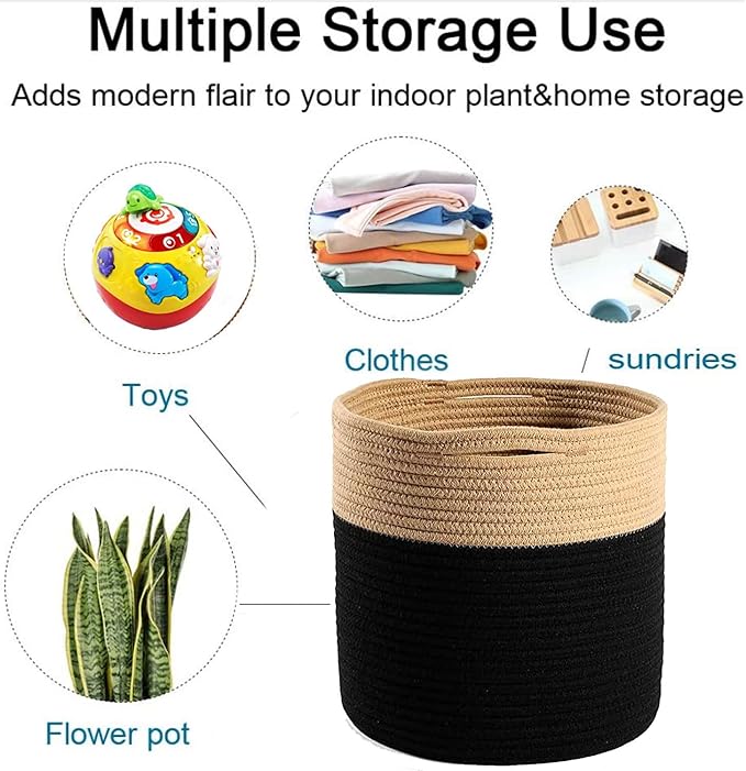 Woven Cotton Rope Plant Basket for 10" Flower Pot Floor Indoor Planters Flower Pot, Home Decor Storage Organizer H11 x W11 Black&Brown-Ruum Studio Home