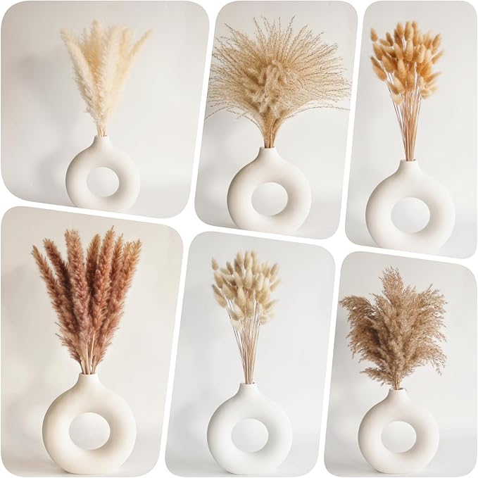 Dried Pampas Grass Decor, 120 PCS Pampas Grass with Bunny Tails Dried Flowers, Reed Grass Bouquet for Wedding, Boho Flowers, Home Table Decor, Rustic Farmhouse Party (White and Brown)-Ruum Studio Home