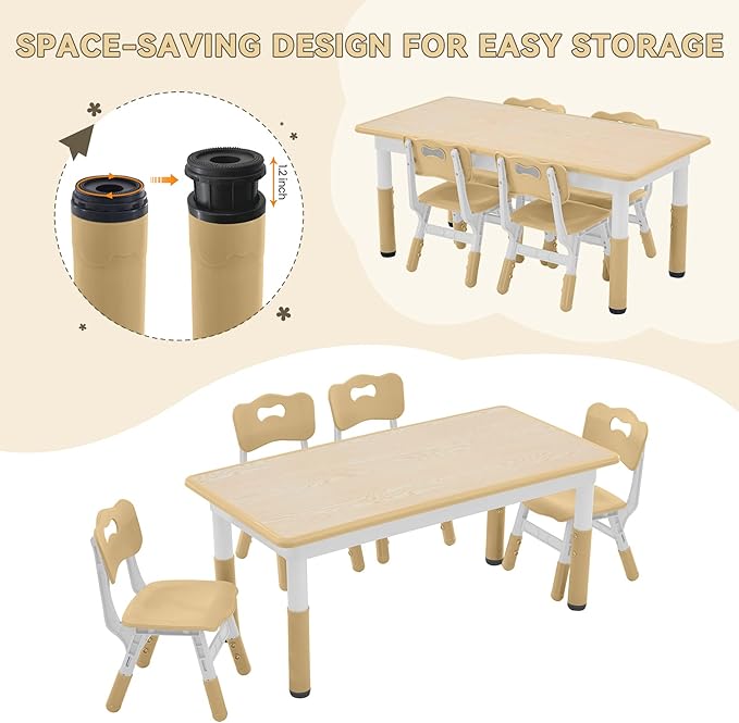 Kids Study Table and Chairs Set, Height Adjustable Toddler Table and Chair Set for Kids Ages 3-8, Graffiti Desktop (Wooden Brown)-Ruum Studio Home