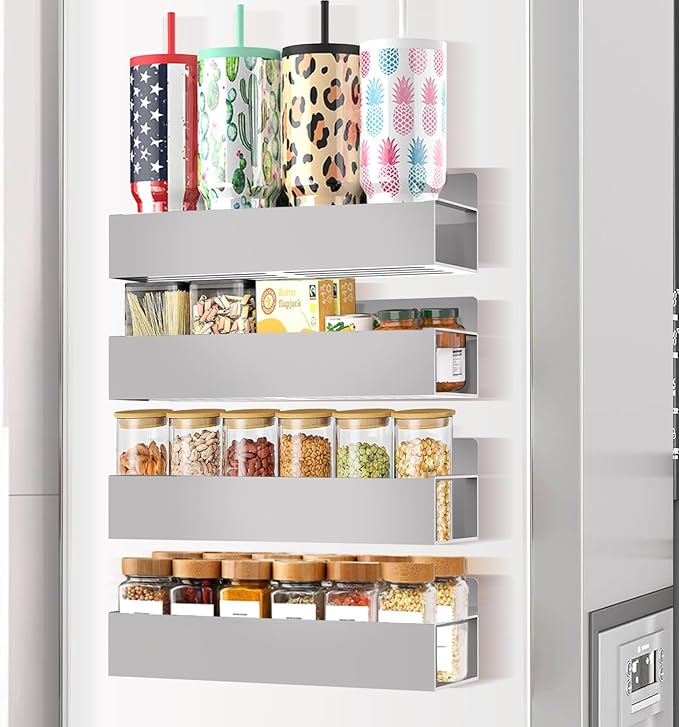 Magnetic Spice Rack Organizer for Fridge Seasoning Organizer for Kitchen Storage With Screw Magnetic Shelf for Oven, RV,Garage,Bathroom (Grey, 4pack)-Ruum Studio Home