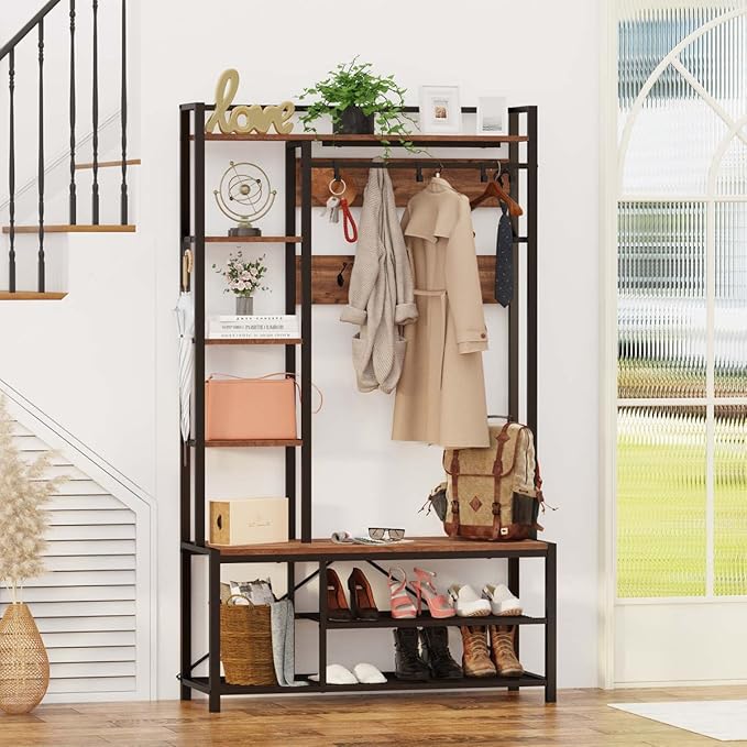 BON AUGURE Hall Tree with Shoe Storage, 5-in-1 Reversible Entryway Bench with Coat Hooks for Hallway, Rustic Wood and Metal Coat Rack with Shelves for Mudroom (Rustic Oak)-Ruum Studio Home