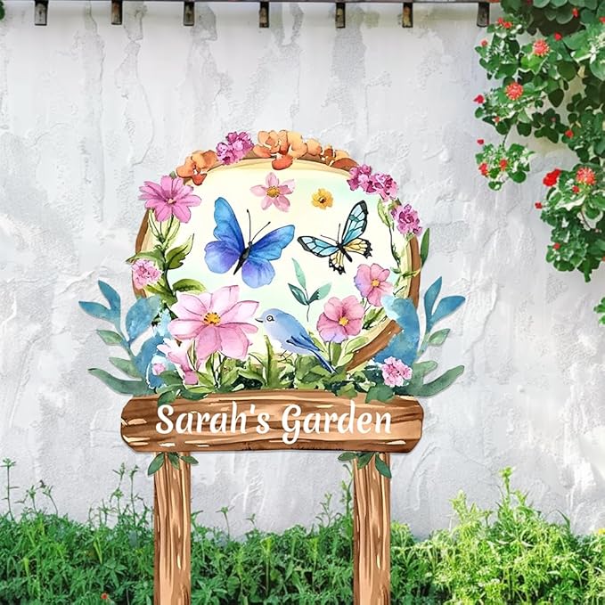 Personalized Watercolor Garden Metal Sign with Stake,Custom Gardener Last Name Signs Outdoor Decor,Customized Birds Gardening Gifts for Mom,Butterfly Flowers Plaques for Patio Lawn Porch Yard Garage-Ruum Studio Home