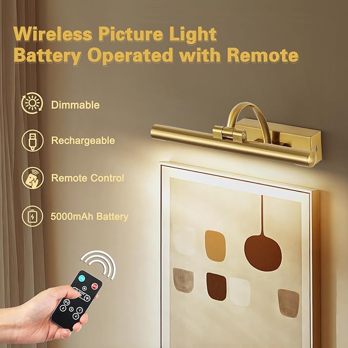 Wireless Picture Lights for Wall Rechargeable Brass Gallery Lights Battery Operated Art Lamps with Remote and Timer Dimmable Painting Lights for Artwork Portrait Display 12 Inch 2W 2700K-Ruum Studio Home