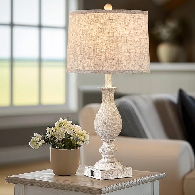 28'' Tall Farmhouse Table Lamps for Living Room, Bedroom Lamps Set of 2 with USB C+A Charging Ports, Rustic Farmhouse Nightstand Lamps for Bedside, Traditional Side Table Lamp with Fabric Shade-Ruum Studio Home