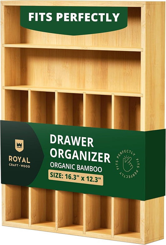 ROYAL CRAFT WOOD Luxury Bamboo Utensil Rack and Silverware Organizer, Kitchen Drawer Organizer - Utensil Holder and Cutlery Tray with Grooved Drawer Dividers for Flatware 7 Slot, Natural-Ruum Studio Home