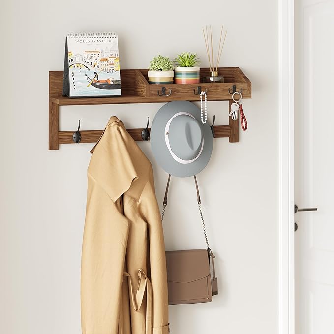 AMBIRD Wall Hooks with Shelf 26.57inch Entryway Wall Hanging Shelf Wood Coat Hooks for Wall with Shelf Coat Rack Wall Mount Rack with 5 Dual Hooks 3 Key Hooks Mail Organizer and Key Rack Key Holder-Ruum Studio Home