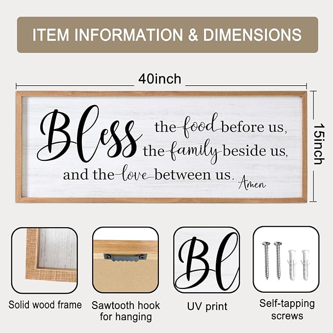 Bless the Food Before Us, the Family Beside Us, and the Love between us Framed Wall Art for Dining Room, 40''×15'' Holy Positive Religious Rustic Bible Verse for Christian God Jesus Christ Prayer-Ruum Studio Home