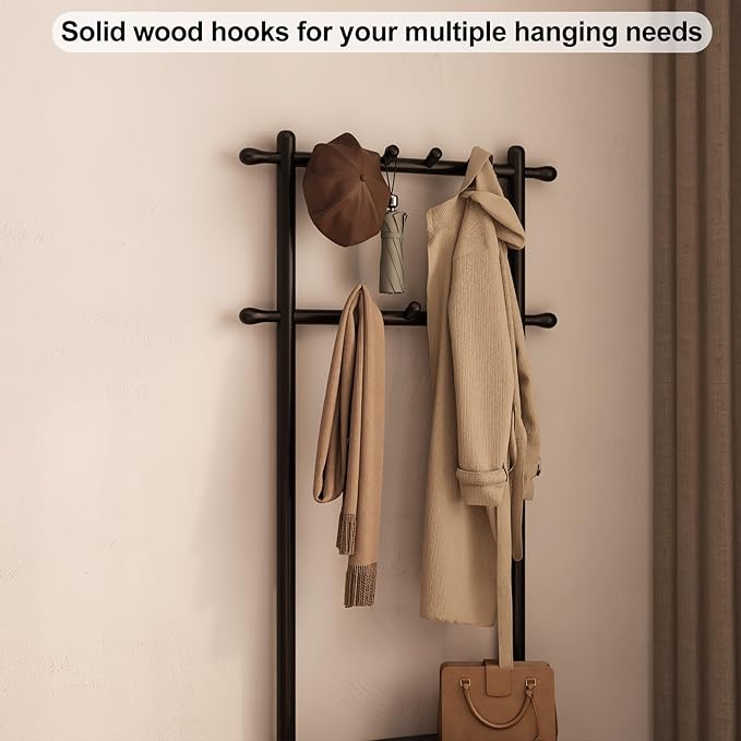 Coat Rack with Shoe Storage, Narrow Wooden Hall Tree with Bench, 11 Hooks and 2-Tier Storage Shelves, 3-in-1, Entryway Bench with Coat Rack (23.6"-Black)-Ruum Studio Home