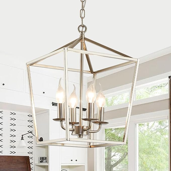 4-Light Brushed Nickel Farmhouse Chandelier, 12" Industrial Ceiling Light Lantern Pendant Light with Metal Cage Adjustable Height Rustic Hanging Light E12 Base for Kitchen Island Dining Room Entryway-Ruum Studio Home