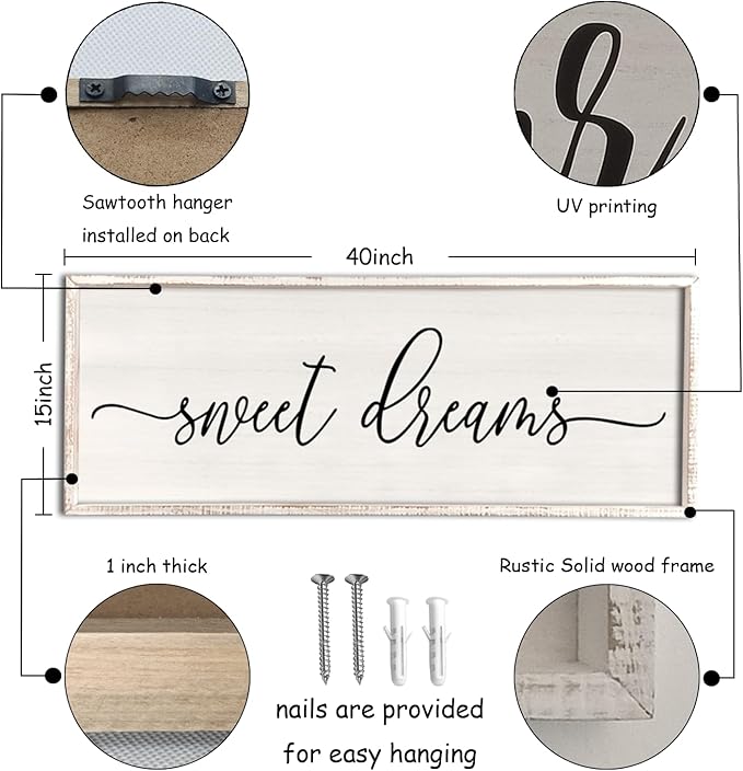 Sweet Dreams Wall Decor Above Bed 40''×15'' Master Bedroom Large Sweet Dreams Sign Farmhouse Wall Decor Guest Room Wood Rustic Framed Over Bed Wall Art Hanging Decoration (White)-Ruum Studio Home