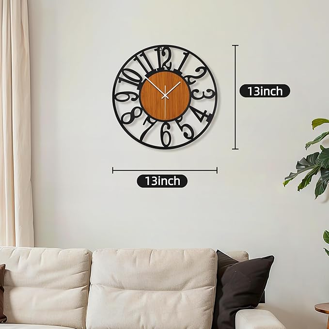 Maxstar Round Wall Clock for Living Room Decor Battery Operated Non Ticking Black Metal Wood Clocks for Home Living Room Garden Office Kitchen Decoration -13 inch-Ruum Studio Home