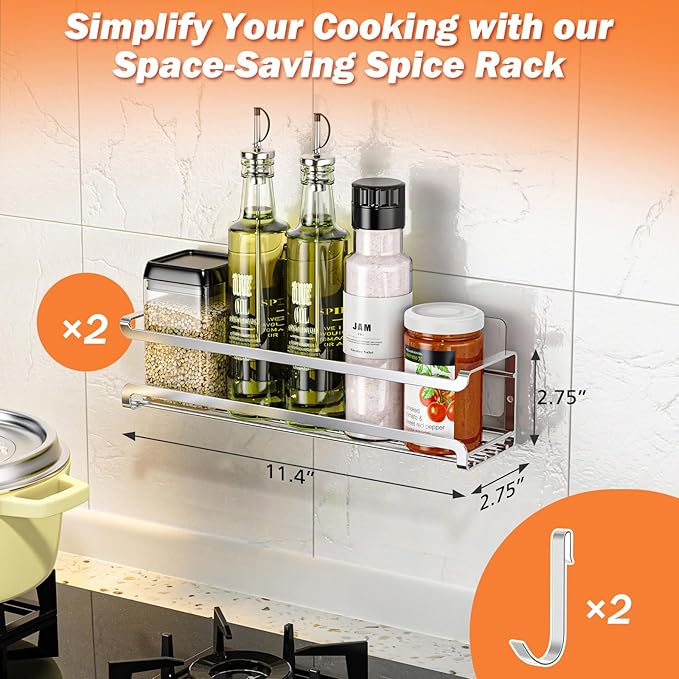 Spice Rack wall mounted 2 Pack, Space-Saving Spice Organizer for Spice Jars and Seasonings,Screw or Adhesive Hanging Spice Rack Organizer for Your Kitchen Cabinet,or Pantry Door,Silver-Ruum Studio Home