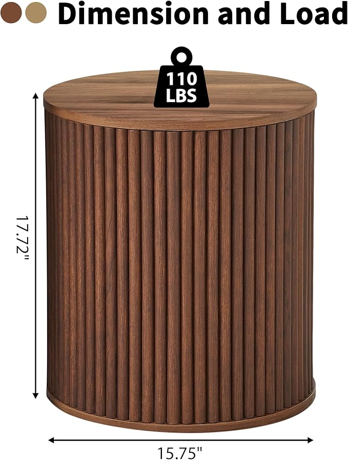 AVZEAR Fluted Round Side Table with Storage, Small Mid Century End Table Fluted Nightstands, Modern Circle Bedside Tables Wood Night Stand for Small Spaces, Living Room, Bedroom (Rustic Walnut)-Ruum Studio Home