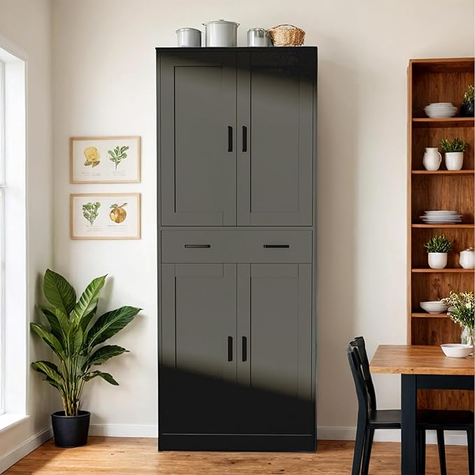 Black Kitchen Pantry, 71" Tall Storage Cabinet with Doors and Drawer for Kitchen, Hallway, Office-Ruum Studio Home