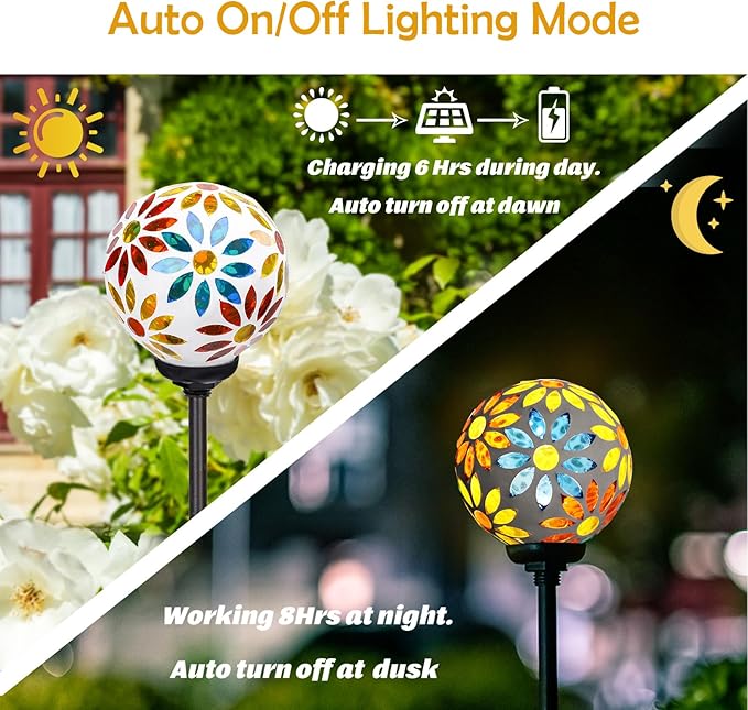 Afirst Solar Lights Outdoor Decorative - Solar Gazing Ball Mosaic Garden Stakes Flower Decorative Lights Waterproof for Pathway Yard Lawn Decoration Yellow-Ruum Studio Home