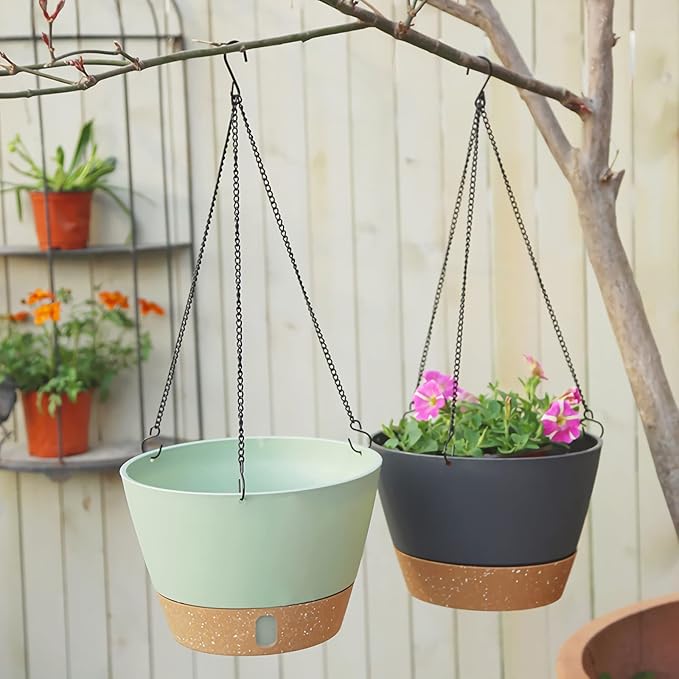 ZMTECH 10 Inch Hanging Planters for Outdoor Plants, Hanging Pots for Plants Indoor with Visible Water Level, Hanging Flower Basket with Drainage Holes & Removable Tray(2 Pack, Gray)-Ruum Studio Home