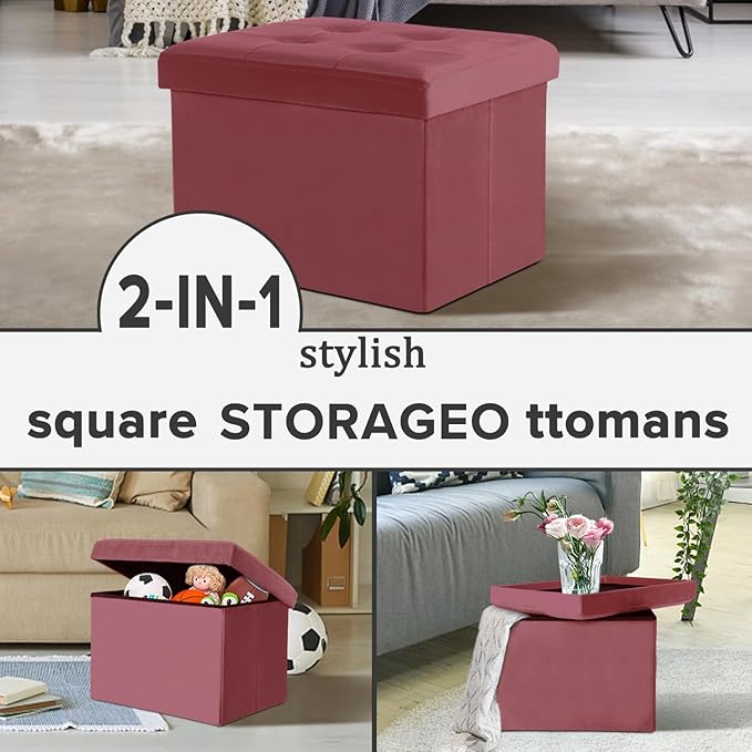 LINMAGCO Storage Ottoman Folding Foot Stool Velvet Footrest with Padded Modern Ottoman with Storage for Living Room Puppy Step Stool 17x13x13in(Jelly Pink)-Ruum Studio Home
