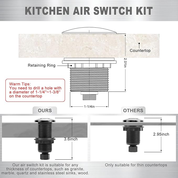 Garbage Disposal Air Switch Kit, Garbage Disposal Button, Sink Top Waste Disposer On/Off Switch, UL Listed Air Switch Compatible with All Garbage Disposals (Brushed Stainless Steel）-Ruum Studio Home