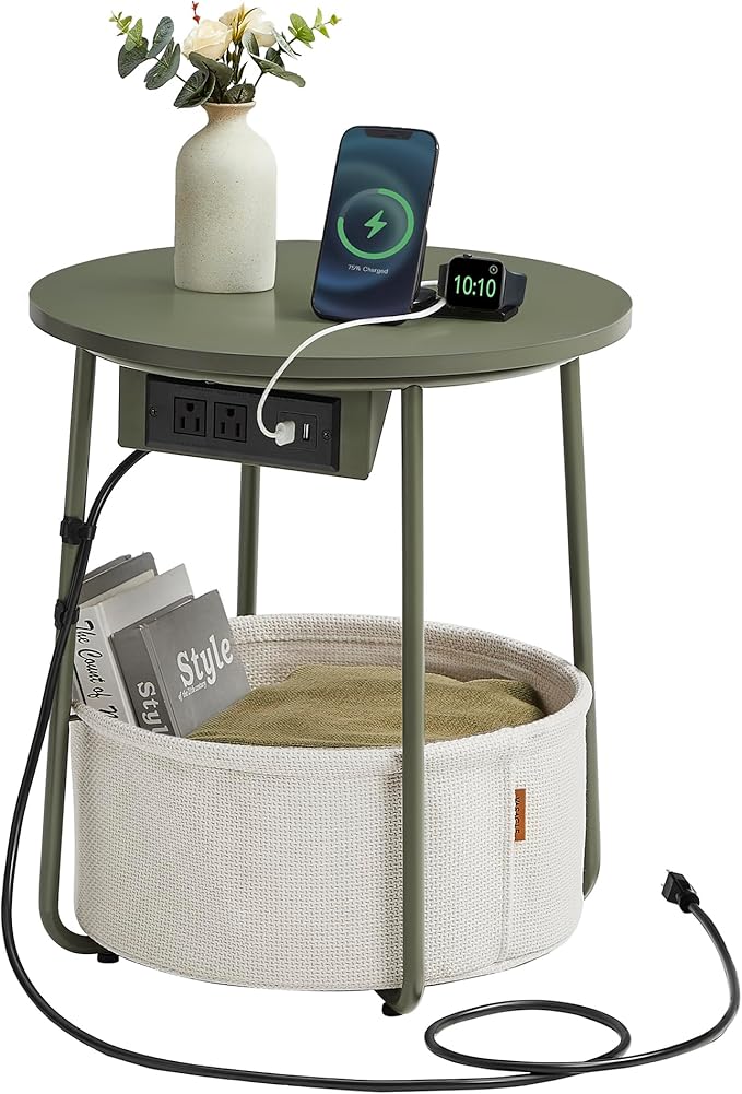 VASAGLE Side Table with Charging Station, Round End Table with Fabric Basket, Nightstand with Power Outlets, USB Ports, for Living Room, Bedroom, Modern, Forest Green and Cream White ULET228C04-Ruum Studio Home