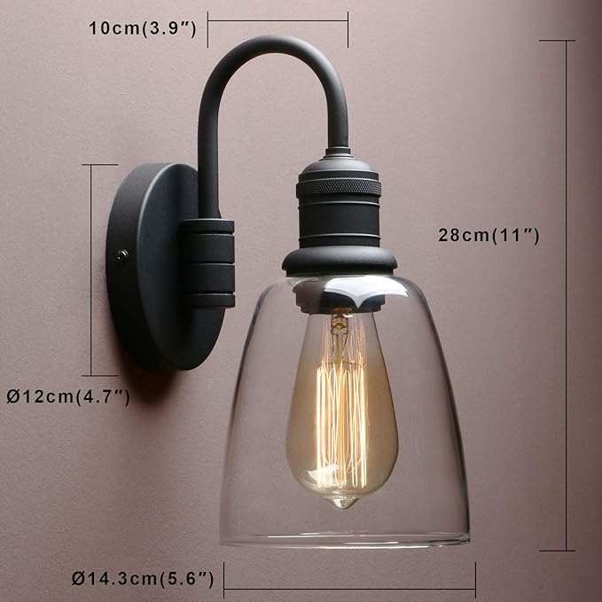 1-Light Vintage Wall Sconce, Yosoan Black Industrial Fixture Light with Elegant Gooseneck Curved Rod, Indoor Clear Glass Shade Wall Lamp Lighting for Bathroom Porch Kitchen Living Room Restaurant-Ruum Studio Home