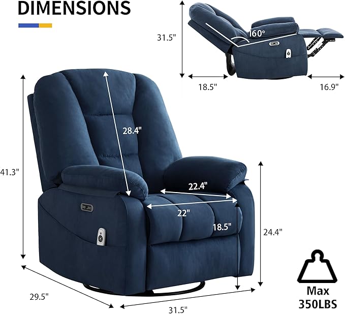 Power Swivel Rocker Recliner Chair for Adults,Rocking Recliners Chairs with Massage and Heat for Living Room, Electric Fabric Reclining Sofa Chair with USB and Type-C Port (Fabirc Blue)-Ruum Studio Home