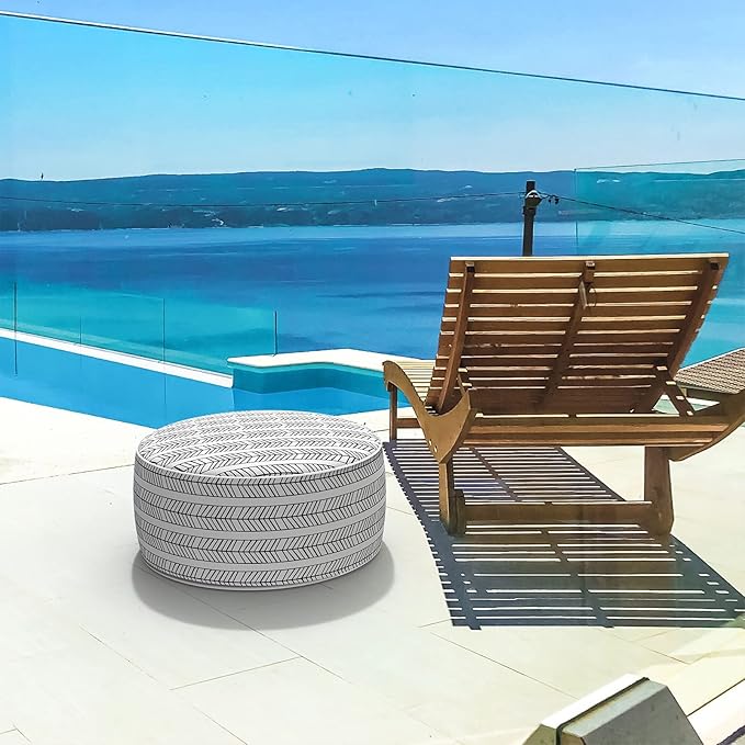 LVTXIII Outdoor/Indoor Inflatable Ottoman, Patio Footrest Stool, Portable Round Ottoman for Patio Garden, Camping or Home, Herringbone Black White-Ruum Studio Home