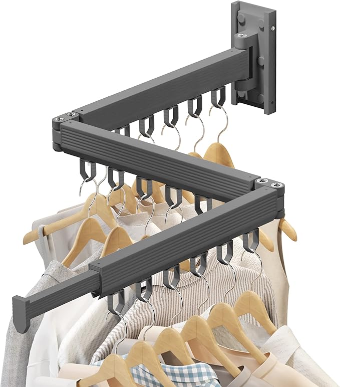 Wall Mounted Clothes Drying Rack - Foldable, Retractable Laundry Hanger with Grey-Rings-Ruum Studio Home