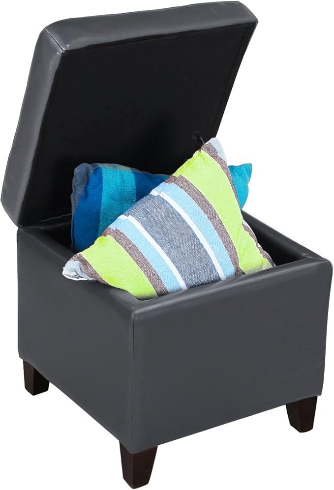 Adeco Bonded Leather Square Tufted Cubic Cube Storage Footstool, 18" Inch Ottomans & Storage Ottomans, With Lid, Dim Gray-Ruum Studio Home