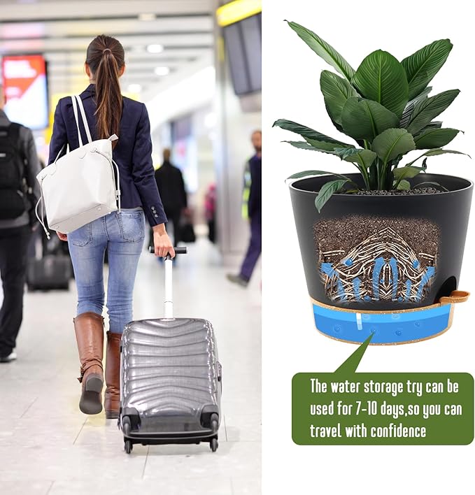 Self Watering Pots for Indoor Plants,12 inch Planters with Drainage Holes Plastic Flower Pots with Deep Reservoir, Black with Brown-Ruum Studio Home