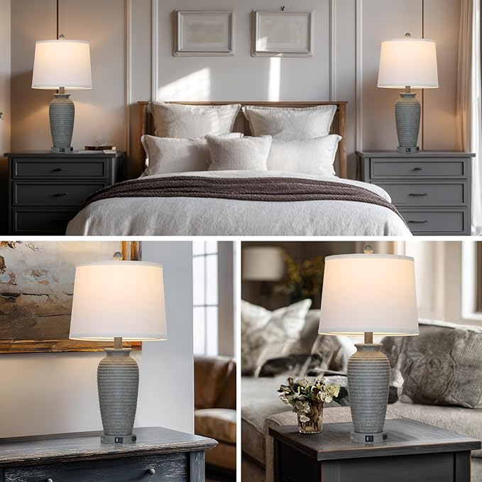 25" Grey Vintage Table Lamp Set of 2 Farmhouse Jar Table Lamps for Living Room，Touch Bedside Lamps with USB A+C Ports & AC Outlet, Pot Nightstand Lamps for Bedroom Living Room (LED Bulbs Included)-Ruum Studio Home