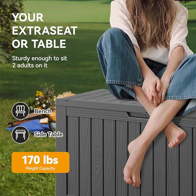 KAMABOKO Deck Box, 75 Gallon Resin Indoor and Outdoor Storage Boxes Waterproof for Garden Tools, Pool Accessories Storage Bench, Patio Furniture and Cushions with Lockable Lid, Black-Ruum Studio Home