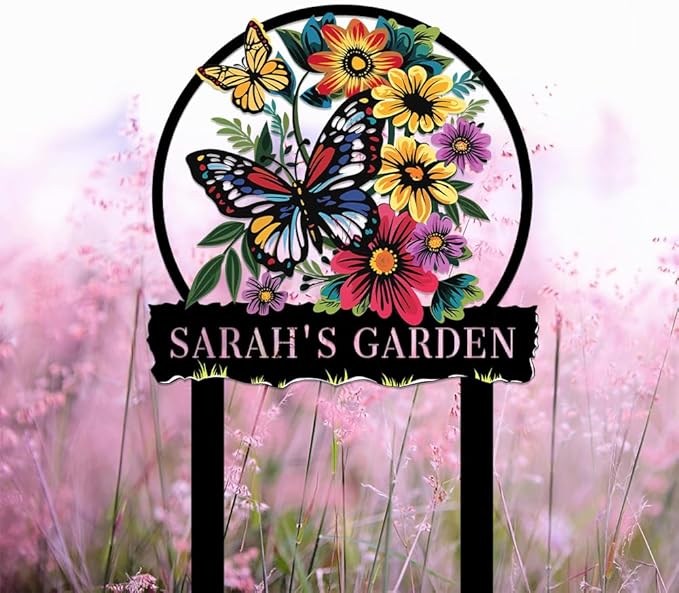 Personalized Butterfly Metal Sign with Stake,Custom Gardener Family Name Signs Outdoor Decorate,Customized Garden Accessories Decor for Mother's Day,Sunflowers Plaques for Patio Lawn Porch Backyard-Ruum Studio Home