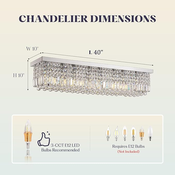 Modern Crystal Chandelier, 8-Lights Rectangle Chandelier Rectangular Flush Mount Pendant Ceiling Light Fixture K9 Crystal Raindrop Chandeliers for Dining Living Room Kitchen Island 𝐋𝟒𝟎 𝐈𝐧𝐜𝐡-Ruum Studio Home