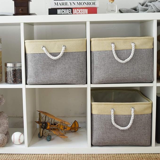 TheWarmHome Storage Bins Baskets for Organizing - Extra Jumbo 3 Pack 20.5Lx15.7Wx13.8H Sturdy Fabric Storage Basket for Shelves, Decorative Foldable Closet Nursery Toy (Gold&Grey)-Ruum Studio Home