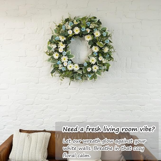 24 Inch Wreaths for Front Door, Large Spring Summer Artifiical Wreath with Blue White Daisy Flower, All Season Floral Wreaths for Porch Window Wall Decor Outside Indoor Outdoor Decorations-Ruum Studio Home