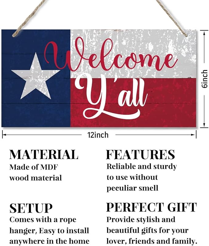 Welcome Y'all Decor Sign, Hanging Wood Sign Home Decorative, Printed Wood Wall Art Sign, Wooden Hanging Sign, Texas Flag Welcome Door Hanger, Welcome Sign for Front Door, Farmhouse Porch Decor 12*6in-Ruum Studio Home