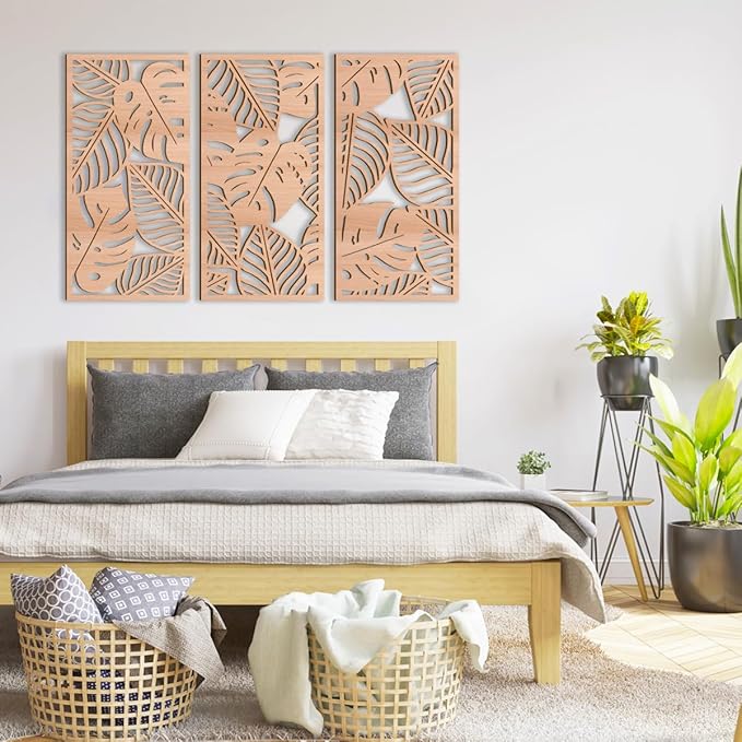 IARTTOP Leaf Wood Tropical Wall Art 15.9X32 Inch Carved Palm Leaves Wall Decor Coastal Monstera Plant Wall Sculptures for Living room Bedroom Set of 3-Ruum Studio Home