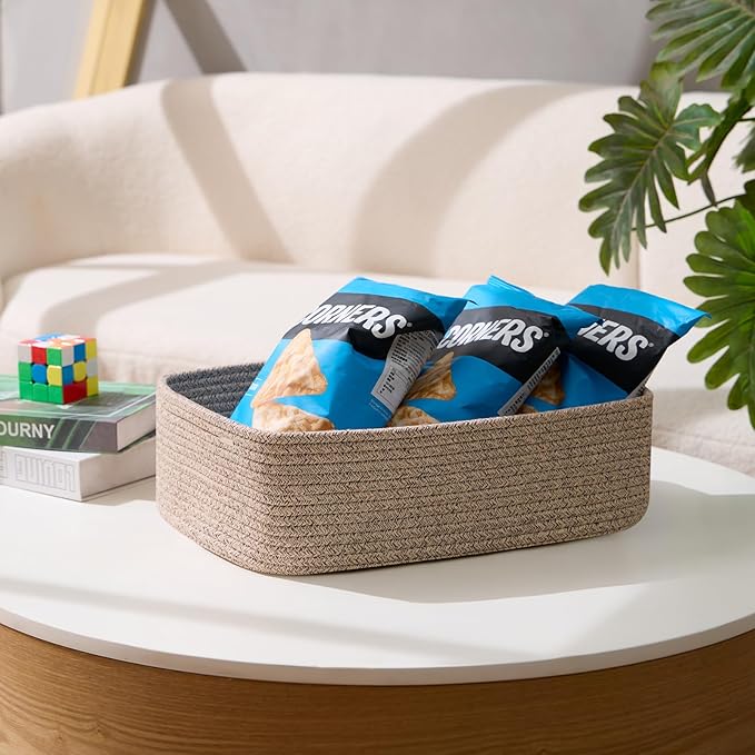 Large Shallow Organizing Baskets 15x11x5.1 Inches - Rope Woven Storage Bins for Bathroom, Shelves, Cube Closet, Mixed Brown 2 Packs-Ruum Studio Home