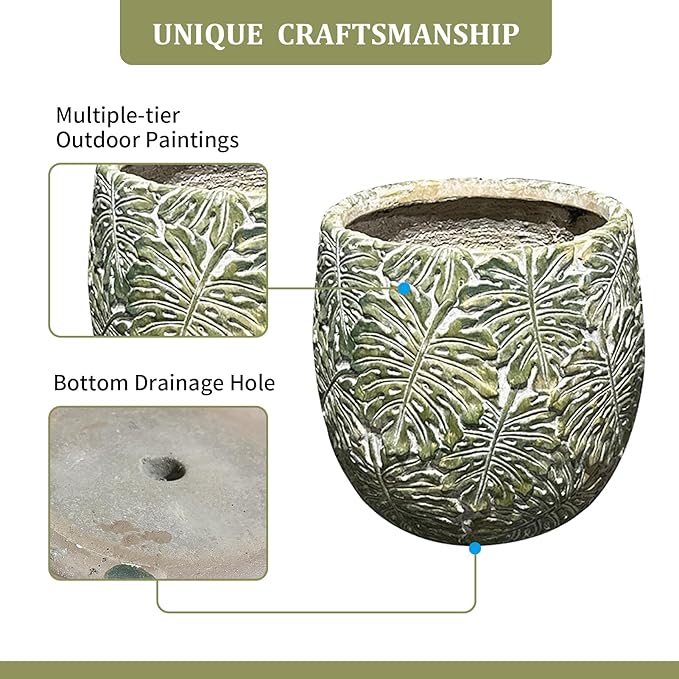 Craft flowerpots 18"+13"+19" Dia Round Concrete Planter Set of 3 Large Outdoor/Indoor Planter Pots Containers with Drainage Holes and Rubber Plug for Home Garden (Green, Large)-Ruum Studio Home