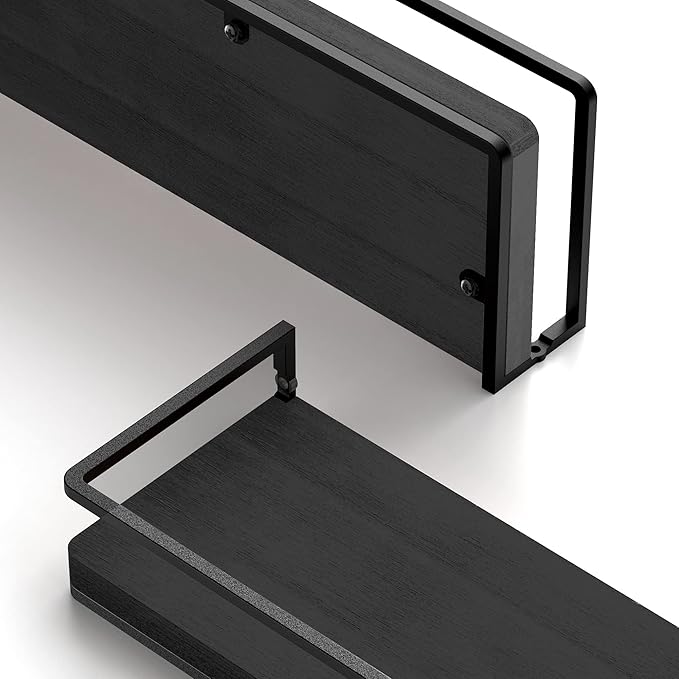 Meangood Floating Shelves Wall Mounted Set of 2, Wall Shelf with Towel Bar Rustic Wood Wall Storage Shelves for Bedroom,Living Room,Bathroom, Kitchen Black-Ruum Studio Home