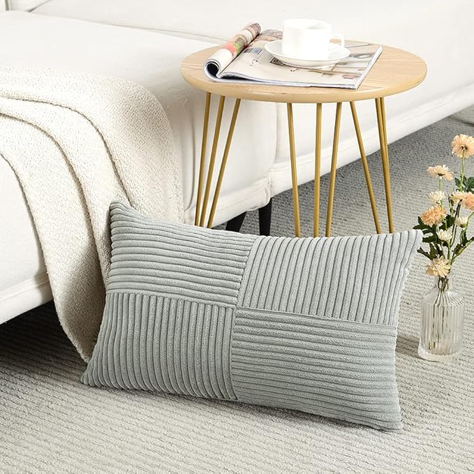 Fancy Homi 2 Packs Grey Long Lumbar Decorative Throw Pillow Covers 16x24 Inch for Couch Bed Sofa, Rustic Farmhouse Boho Home Decor, Soft Striped Corduroy Rectangle Accent Cushion Case 40x60 cm-Ruum Studio Home