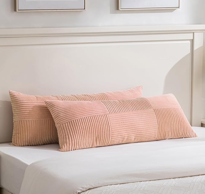 Fancy Homi Set of 2 Peach Boho Long Lumbar Body Decorative Throw Pillow Cover 14x36 Inch for Bed Couch Bedroom Bench, Soft Patchwork Corduroy Textured Pillow Case, Rustic Farmhouse Room Décor-Ruum Studio Home