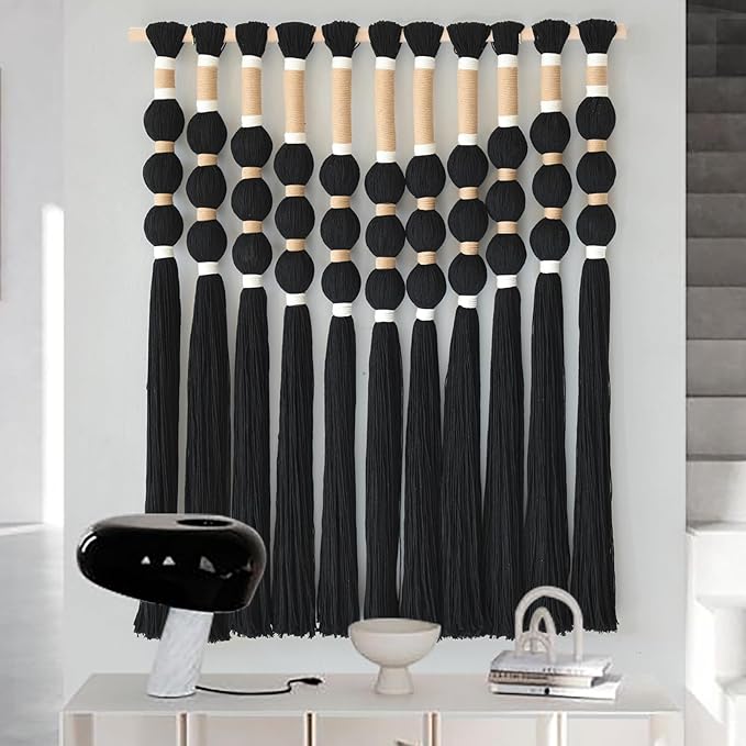 Macrame Wall Hanging Boho Wall Decor Black Fiber Yarn Wall Art Handmade Cotton Spherical Knot for Living Room Bedroom Nursery Office Home Decor27" W x 33" L-Ruum Studio Home